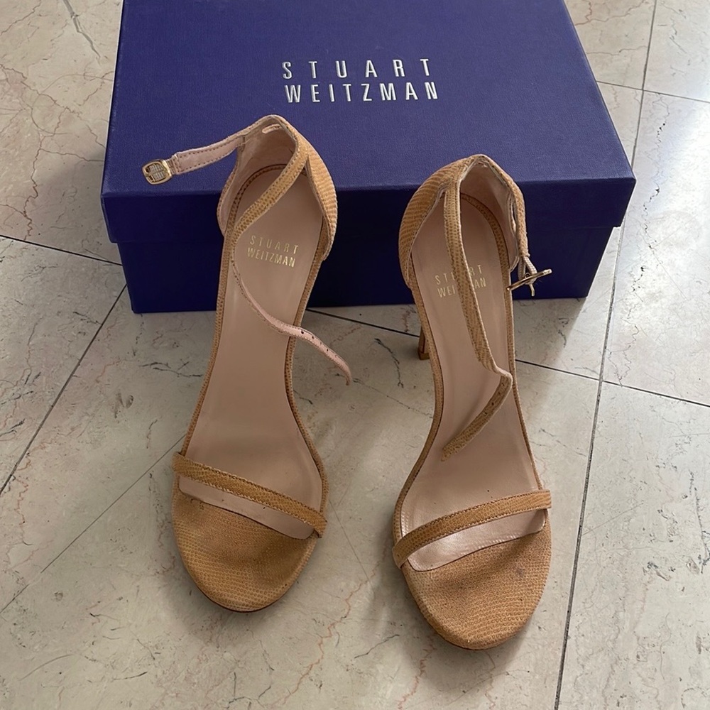 Stuart Weitzman Nude Goosebump Ankle Strap Sandals